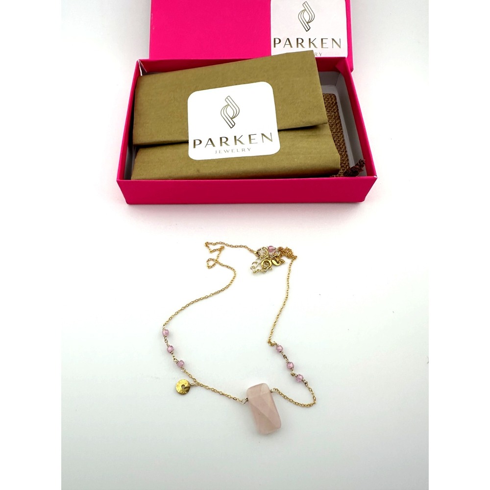 PARKEN Gold Tone Necklace Pink Beads Faceted Stone‎ Pendant Gift Box